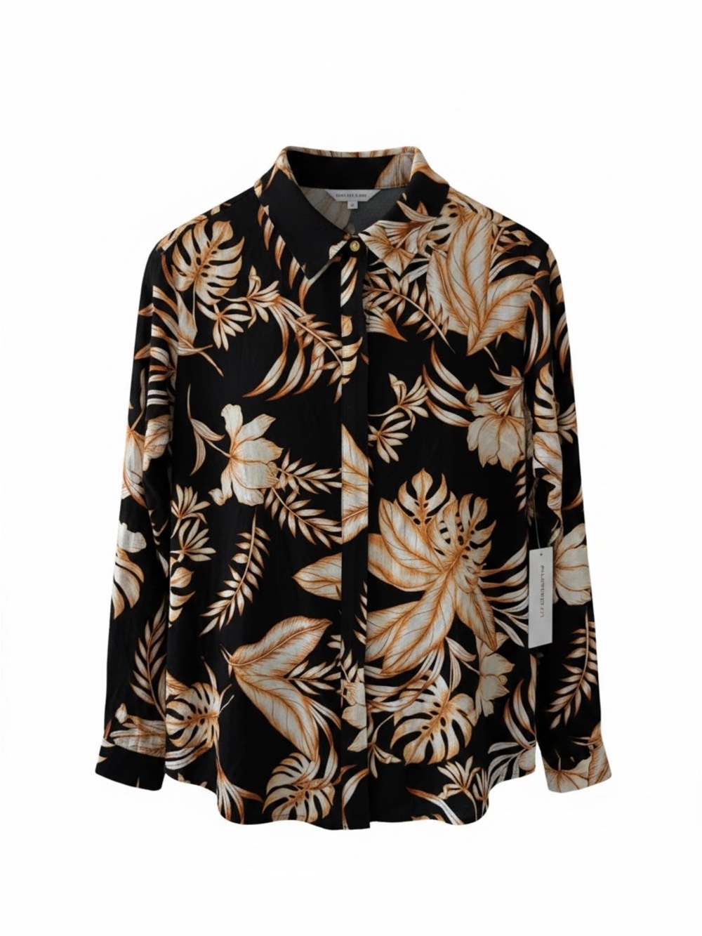 NWT Liz Claiborne Black Button-Down Linen blend Shirt with Cream/Tan Leaf Print